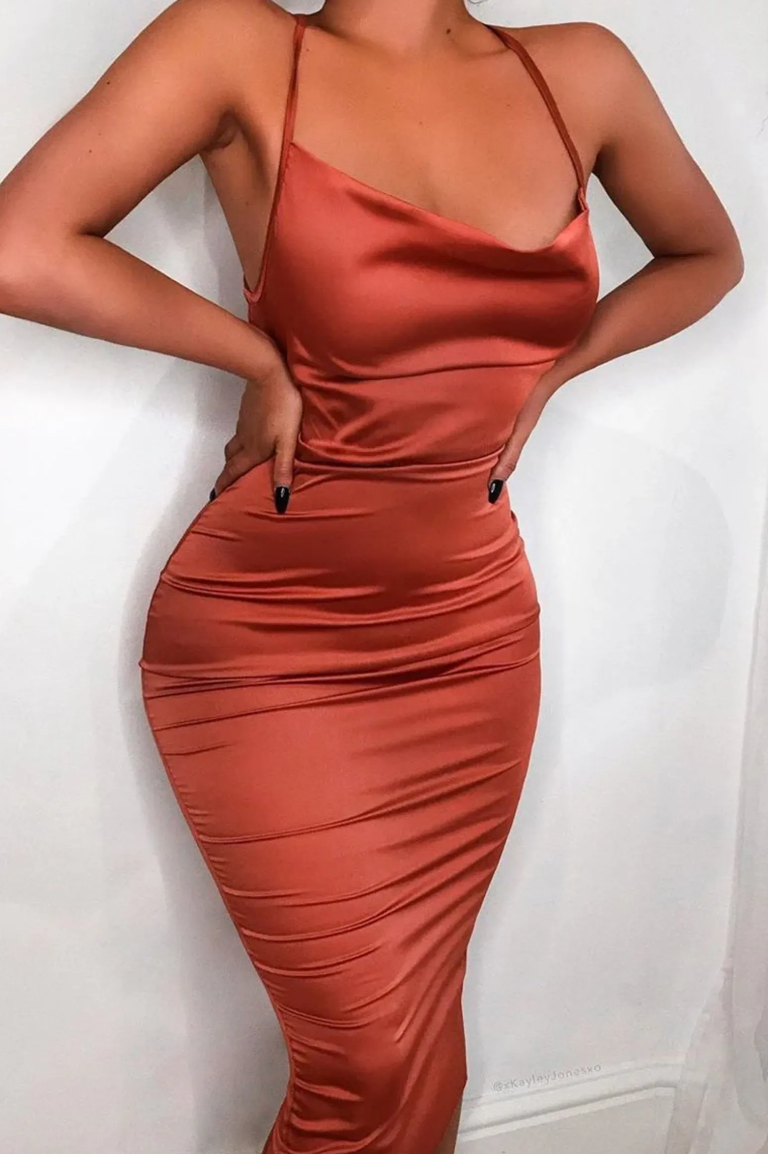 Rebellious Fashion Rust Satin Cowl Neck Midi Bodycon Dress - Liliana