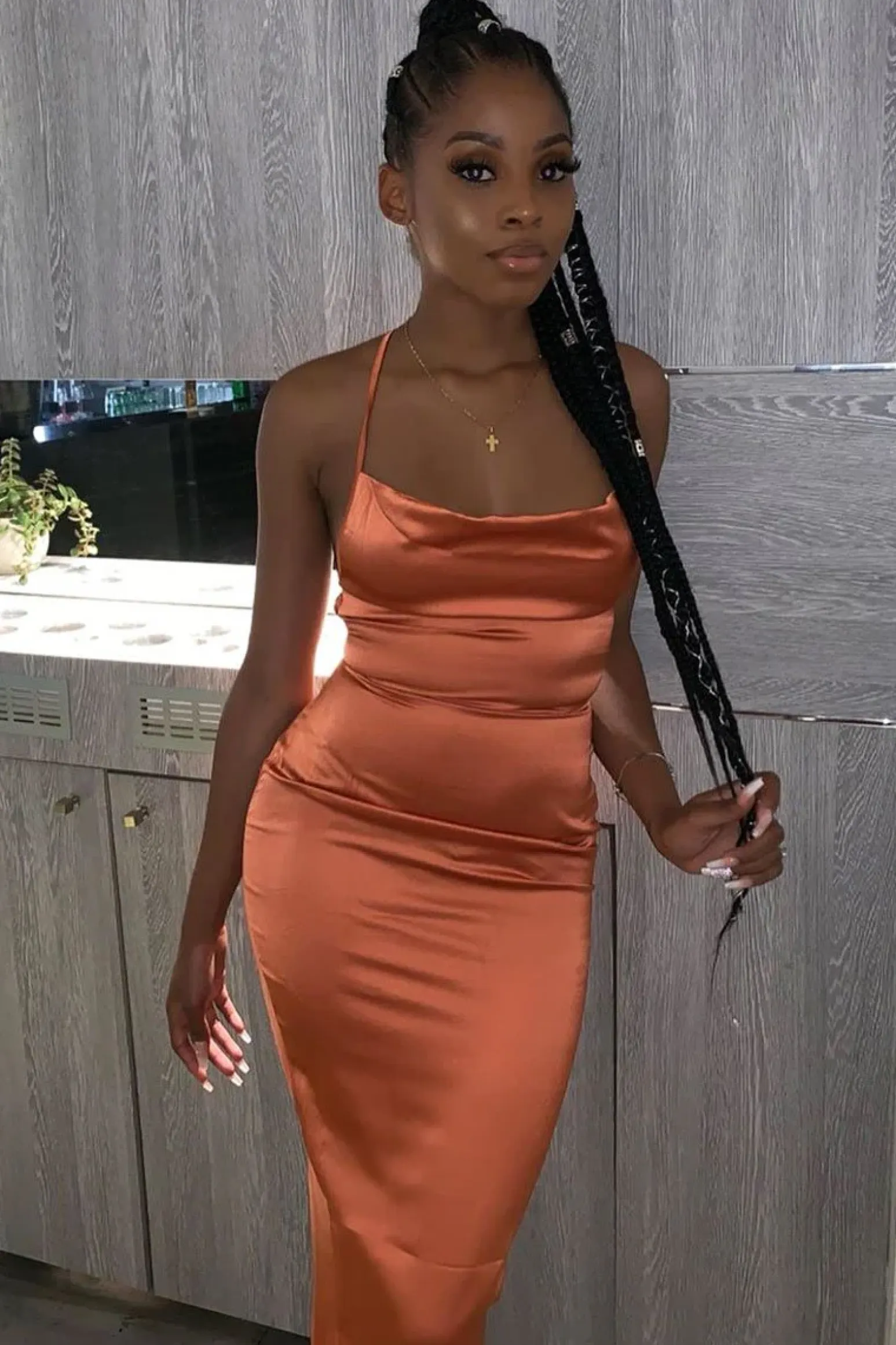 Rebellious Fashion Rust Satin Cowl Neck Midi Bodycon Dress - Liliana
