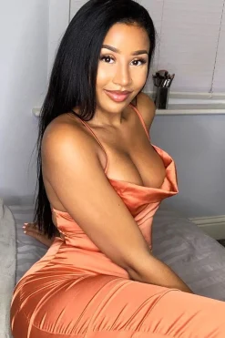 Rebellious Fashion Rust Satin Cowl Neck Midi Bodycon Dress - Liliana