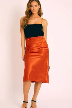 Rebellious Fashion Rust Satin High Waist Floaty Midi Skirt - Dasha
