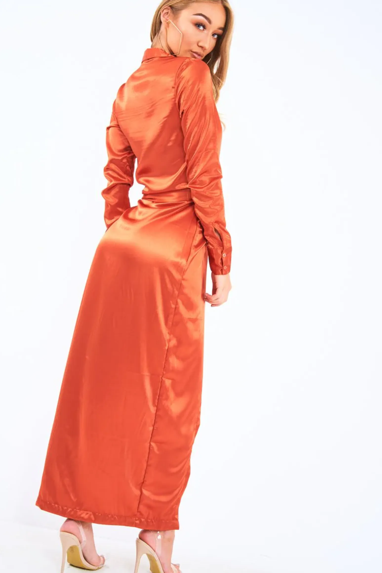 Rebellious Fashion Rust Satin Plunge Wrap Front Maxi Dress - Beni