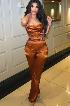Rebellious Fashion Rust Satin Straight Leg Trousers - Rose