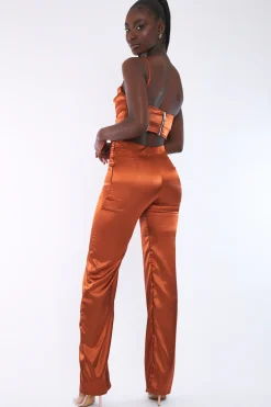 Rebellious Fashion Rust Satin Straight Leg Trousers - Rose