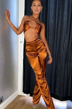 Rebellious Fashion Rust Satin Straight Leg Trousers - Rose