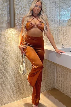 Rebellious Fashion Rust Satin Straight Leg Trousers - Rose