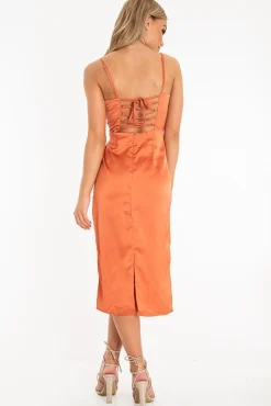 Rebellious Fashion Rust Satin Straight Neck Tie Up Midi Dress - Irina