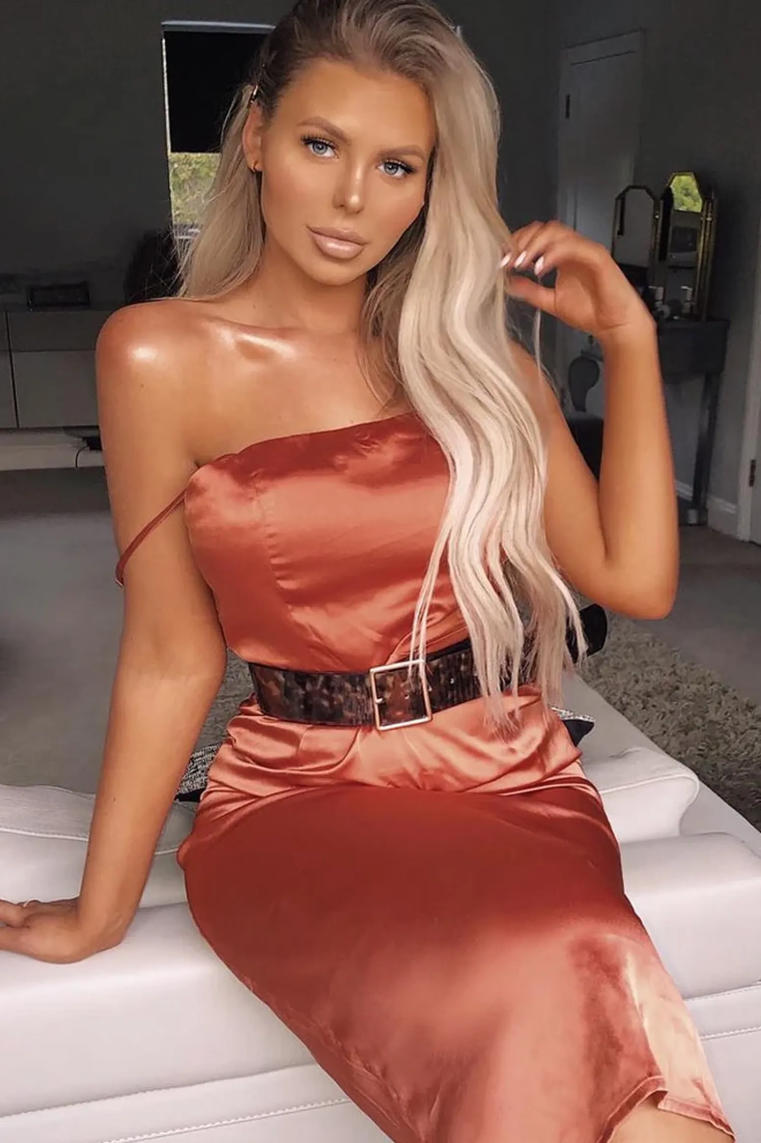 Rebellious Fashion Rust Satin Straight Neck Tie Up Midi Dress - Irina
