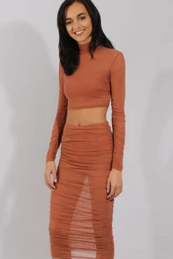 Rebellious Fashion Rust Sheer Ruched Co-ord - Kerry
