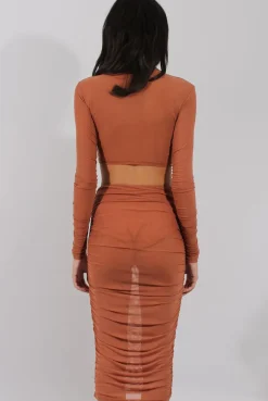 Rebellious Fashion Rust Sheer Ruched Co-ord - Kerry