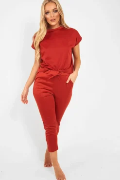 Rebellious Fashion Rust Short Sleeve Crop Jogger Loungewear Set - Aarian