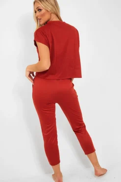 Rebellious Fashion Rust Short Sleeve Crop Jogger Loungewear Set - Aarian