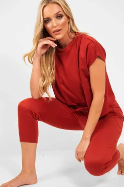 Rebellious Fashion Rust Short Sleeve Crop Jogger Loungewear Set - Aarian