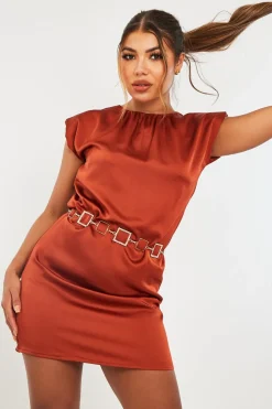 Rebellious Fashion Rust Shoulder Pad Detail Satin Mini Dress - Delpha