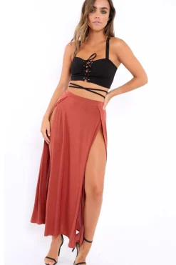 Rebellious Fashion Rust Side Split Maxi Skirt - Gina