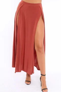 Rebellious Fashion Rust Side Split Maxi Skirt - Gina