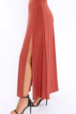 Rebellious Fashion Rust Side Split Maxi Skirt - Gina
