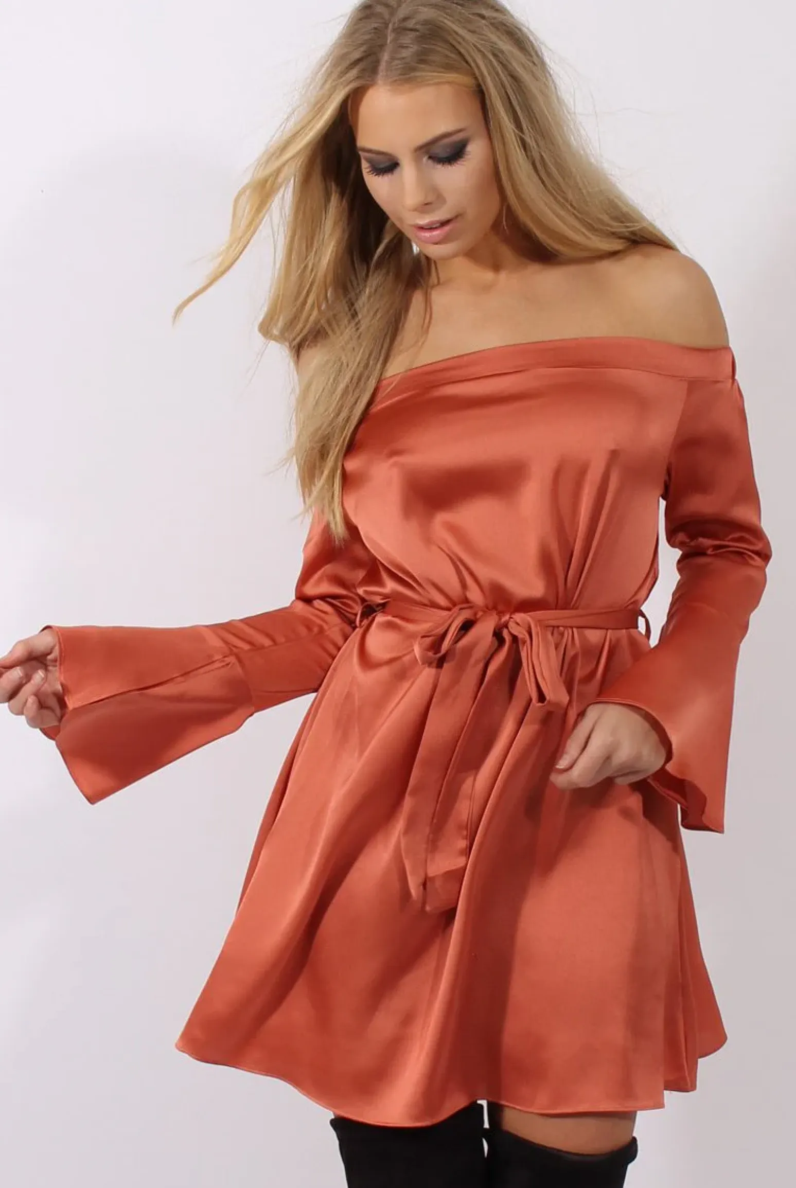 Rebellious Fashion Rust Silky Bardot Tie Waist Dress - Esther