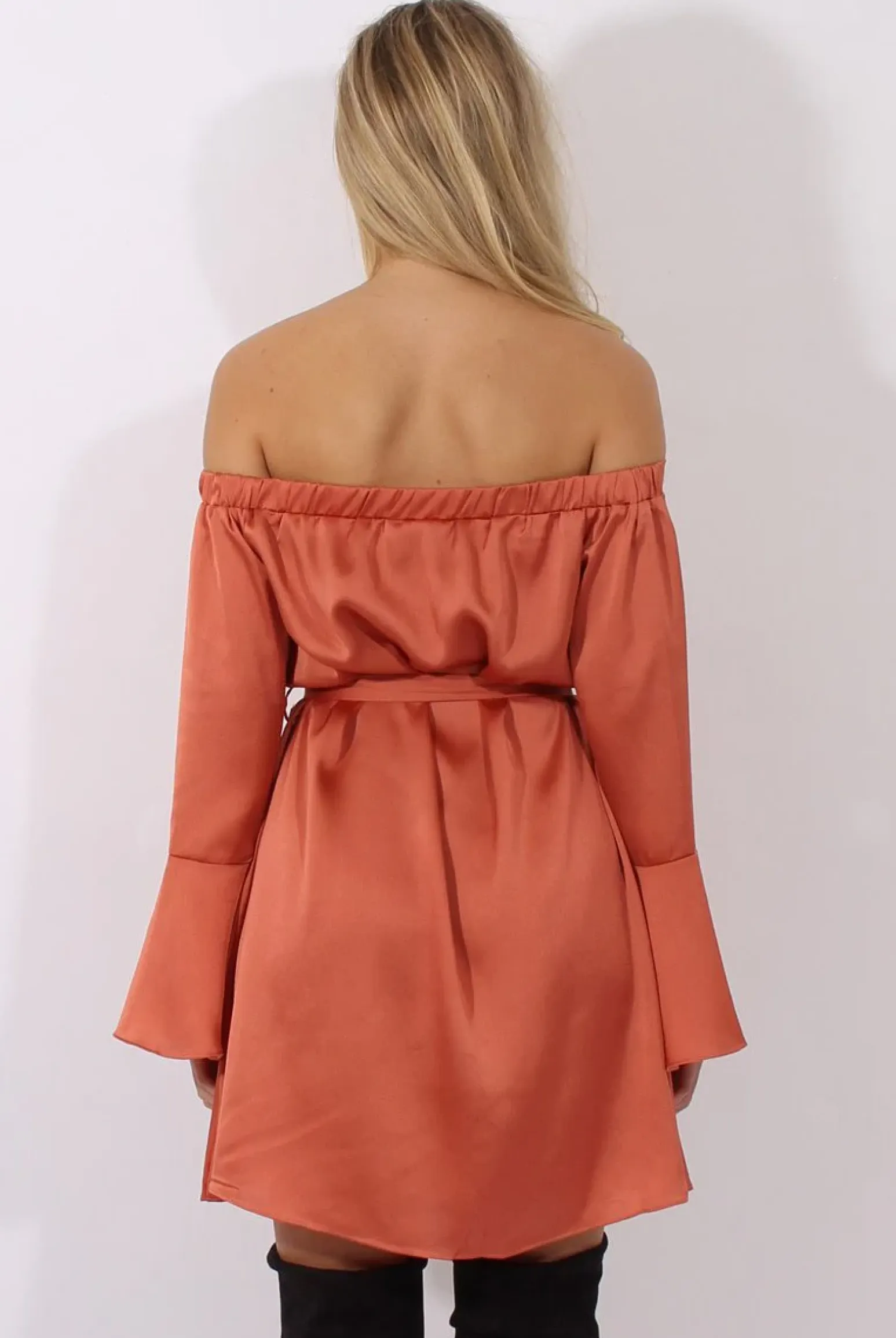 Rebellious Fashion Rust Silky Bardot Tie Waist Dress - Esther