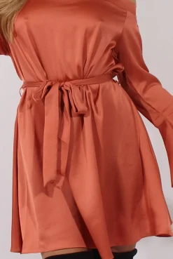 Rebellious Fashion Rust Silky Bardot Tie Waist Dress - Esther