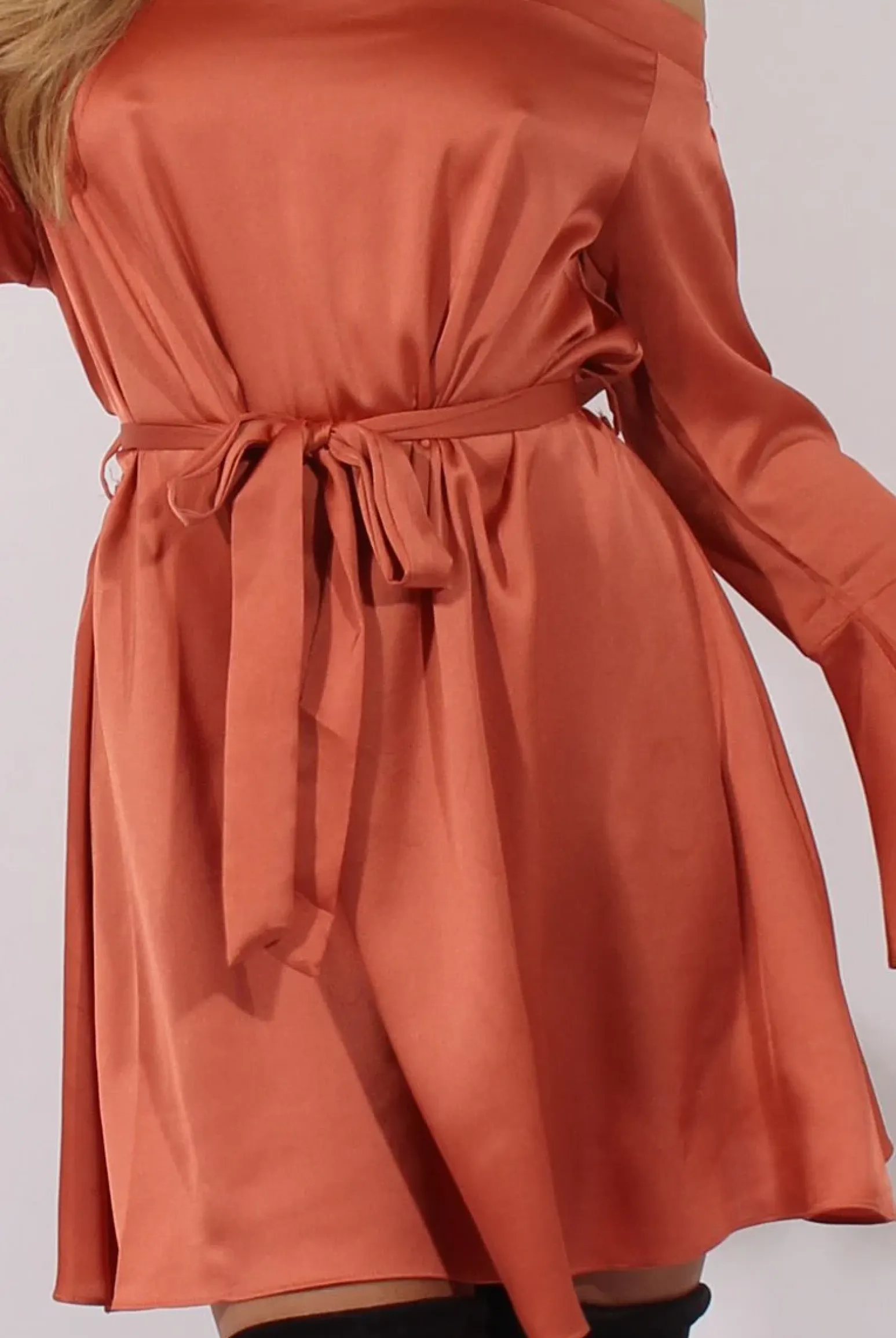 Rebellious Fashion Rust Silky Bardot Tie Waist Dress - Esther