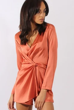 Rebellious Fashion Rust Silky Front Twist Playsuit - Venus