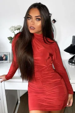 Rebellious Fashion Rust Slinky High Neck Ruched Front Bodycon Dress - Carola