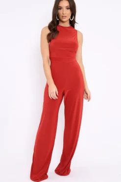 Rebellious Fashion Rust Slinky Low Side Jumpsuit - Ivannah