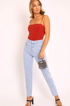 Rebellious Fashion Rust Slinky Square Neck Bodysuit - Sadie