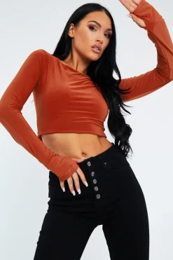 Rebellious Fashion Rust Slinky Thumb Hole Long Sleeve Crop Top - Kacci