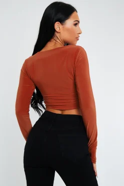 Rebellious Fashion Rust Slinky Thumb Hole Long Sleeve Crop Top - Kacci