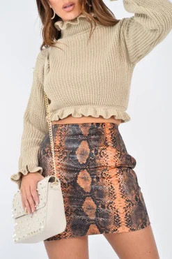 Rebellious Fashion Rust Snake Coated Mini Skirt - Lydianna