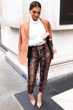 Rebellious Fashion Rust Snake Coated Zip Front Trousers - Destynie