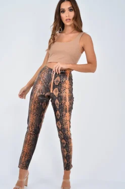 Rebellious Fashion Rust Snake Coated Zip Front Trousers - Destynie