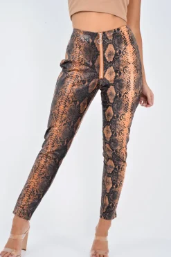 Rebellious Fashion Rust Snake Coated Zip Front Trousers - Destynie