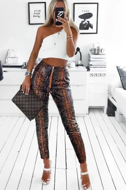 Rebellious Fashion Rust Snake Coated Zip Front Trousers - Destynie