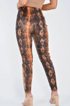 Rebellious Fashion Rust Snake Coated Zip Front Trousers - Destynie