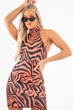 Rebellious Fashion Rust Tiger Print Scuba High Neck Mini Dress - Ellisa