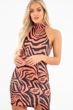 Rebellious Fashion Rust Tiger Print Scuba High Neck Mini Dress - Ellisa