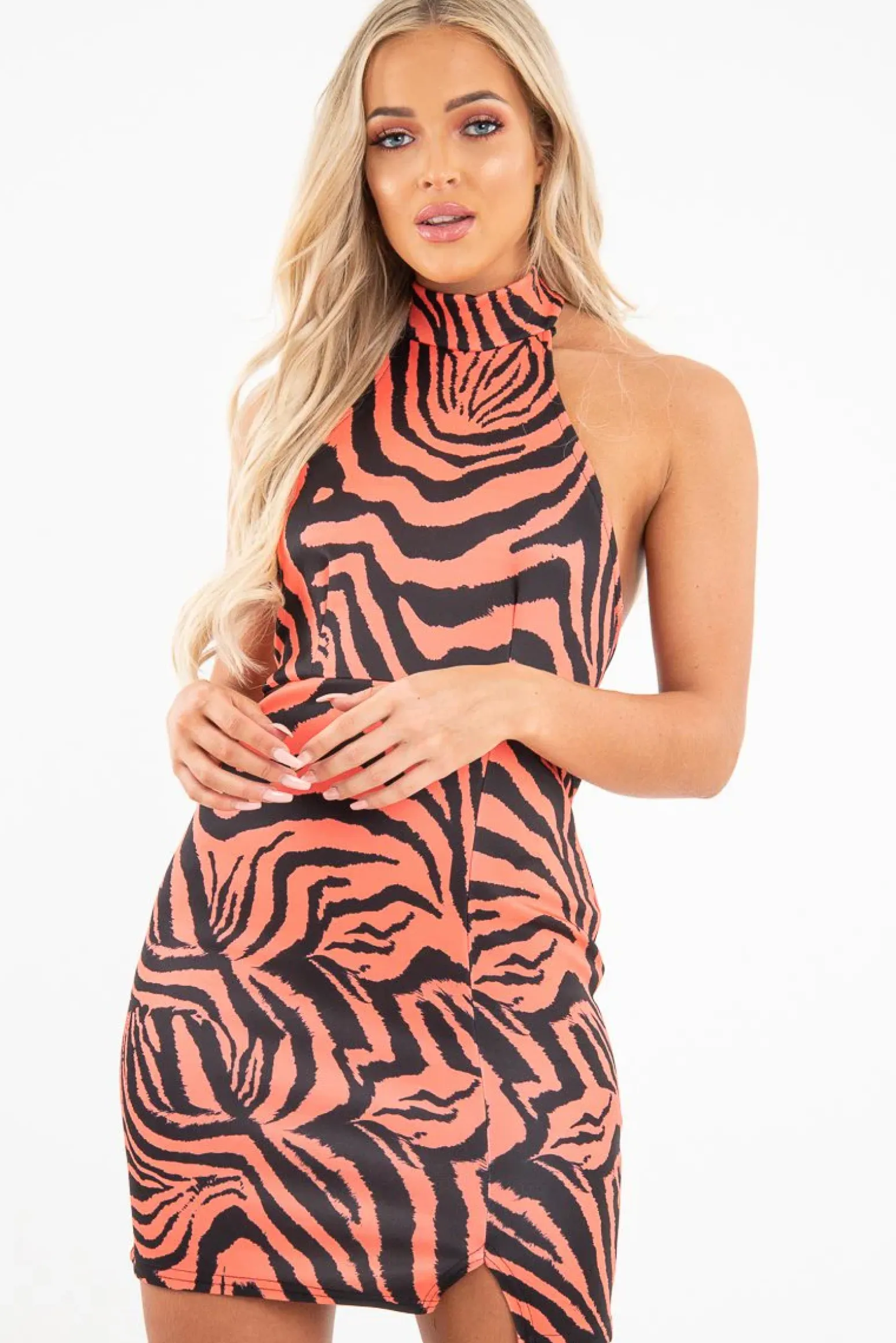 Rebellious Fashion Rust Tiger Print Scuba High Neck Mini Dress - Ellisa