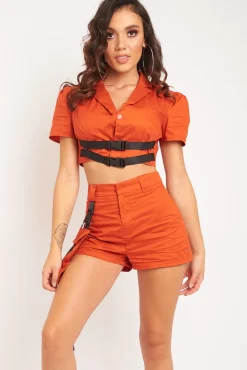 Rebellious Fashion Rust Utility Cargo Short and Buckle Crop Shirt Co-ord - Saisha