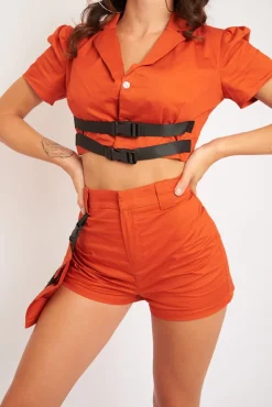 Rebellious Fashion Rust Utility Cargo Short and Buckle Crop Shirt Co-ord - Saisha