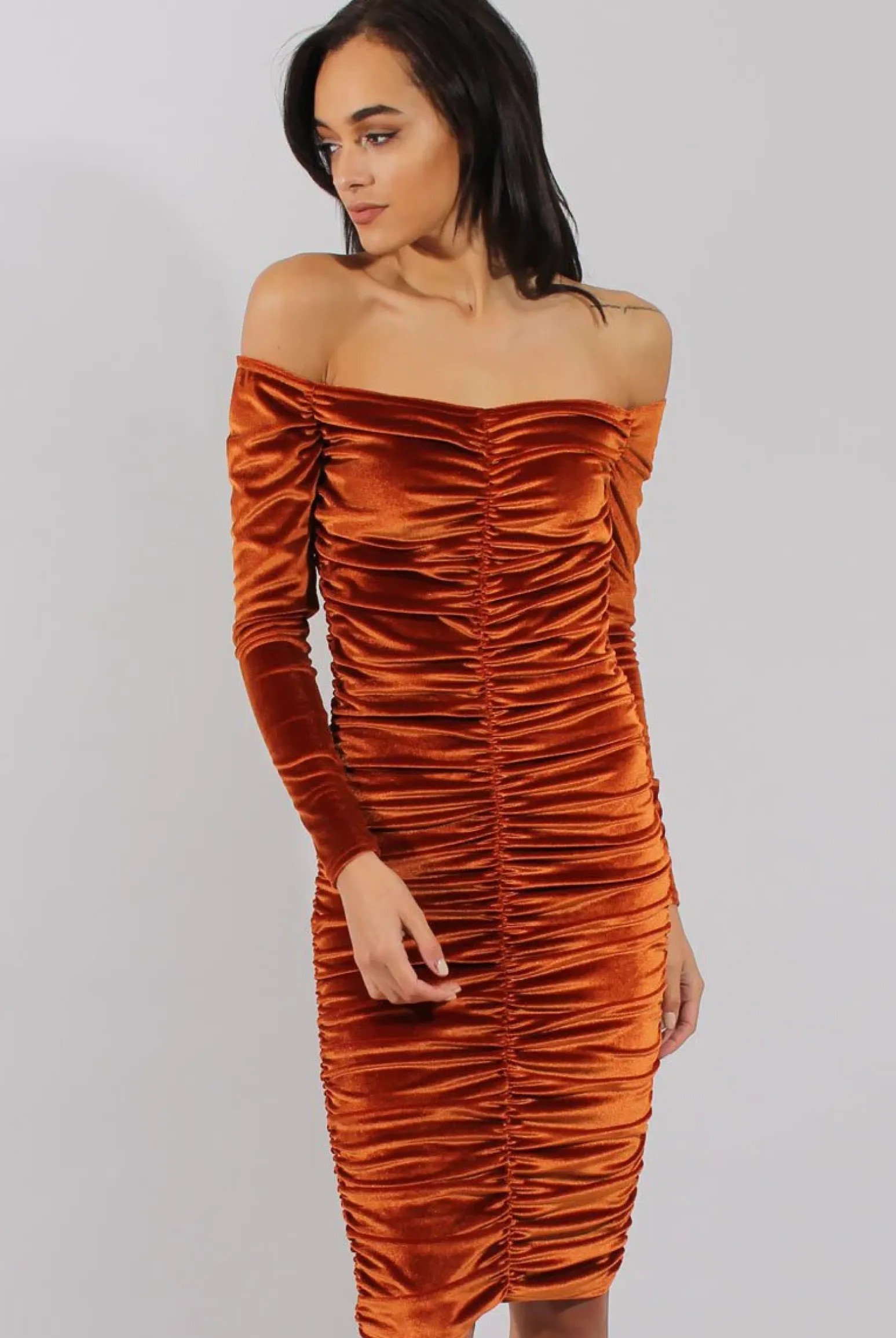 Rebellious Fashion Rust Velvet Ruched Bardot Bodycon Dress - Louise