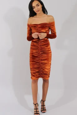 Rebellious Fashion Rust Velvet Ruched Bardot Bodycon Dress - Louise