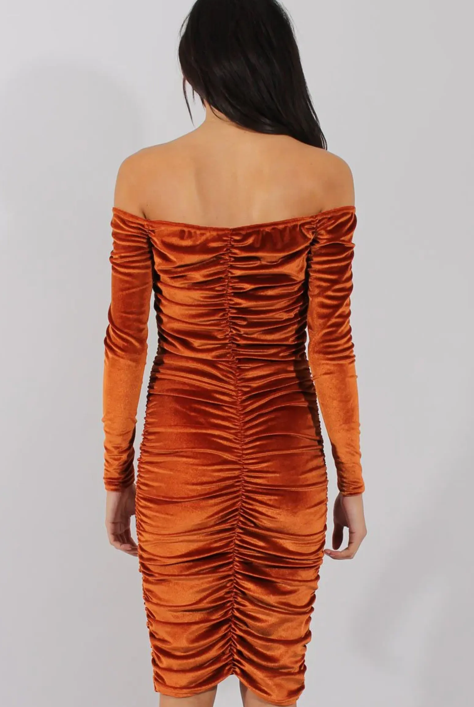 Rebellious Fashion Rust Velvet Ruched Bardot Bodycon Dress - Louise
