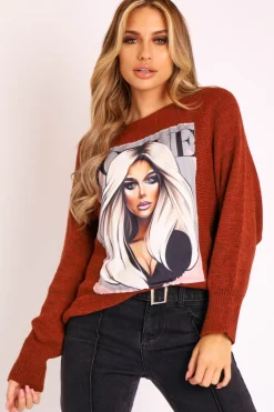 Rebellious Fashion Rust Vogue Graphic Slouchy Knit Jumper - Janel
