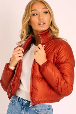 Rebellious Fashion Rust Zip Front Puffer Coat - Vicki