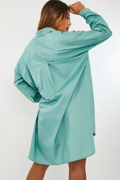 Rebellious Fashion Sage Dipped Hem Oversized Shirt Dress - Nicola