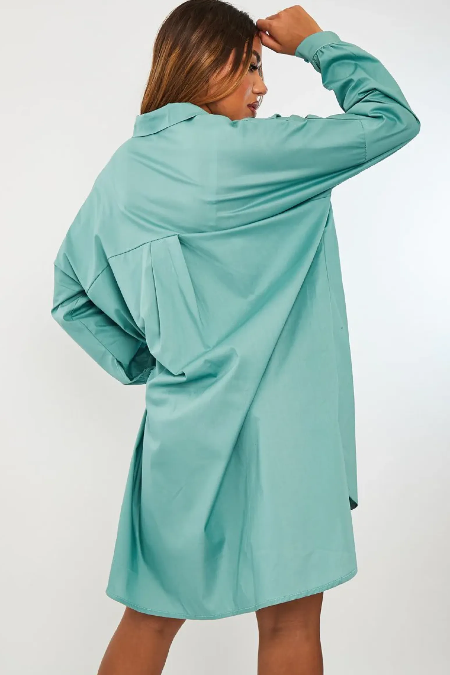 Rebellious Fashion Sage Dipped Hem Oversized Shirt Dress - Nicola