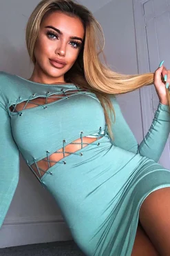 Rebellious Fashion Sage Lace Up Detail Mini Dress - Tari
