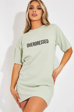 Rebellious Fashion Sage Overdressed Slogan T-shirt Dress - Malia